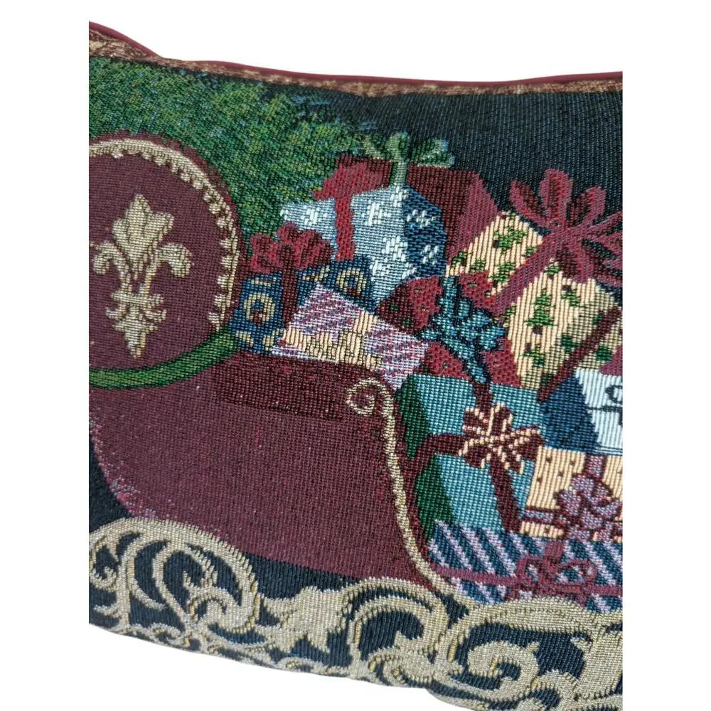 VTG Soft Impressions Tapestry Throw Pillow Christmas Santas Sleigh Burgundy Xmas
